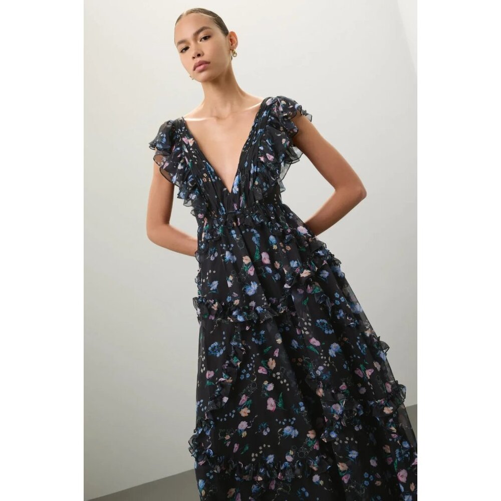 Ieena for Mac Duggal Black Floral Ruffled Maxi Dress – Size 0 (Retail $598)